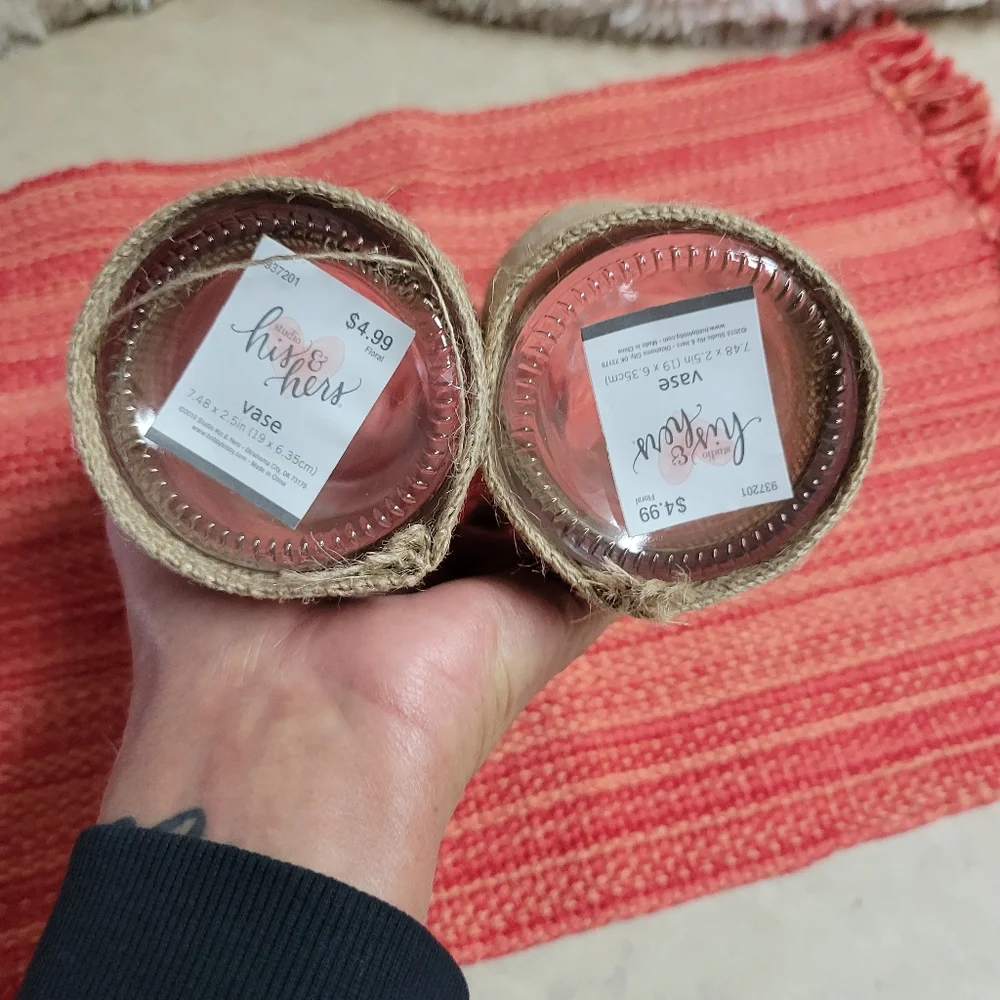 His and Hers wedding decoration bottles with burlap wrap